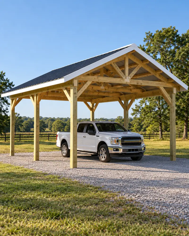 An open post-frame carport with knee-braced wood posts and a charcoal steel roof over a pickup