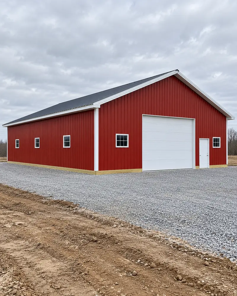 A large red post-frame shell with an overhead door and a walk door on a freshly graded site